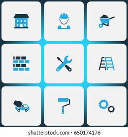 Building Colorful Icons Set. Collection Of Gear, Stairs, Cement Vehicle And Other Elements. Also Includes Symbols Such As Masonry, Cogwheel, Tools.