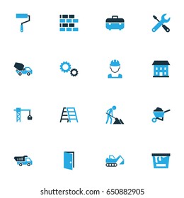 Building Colorful Icons Set. Collection Of Building, Lifting Hook, Paint Roller And Other Elements. Also Includes Symbols Such As Construction, Tools, House.