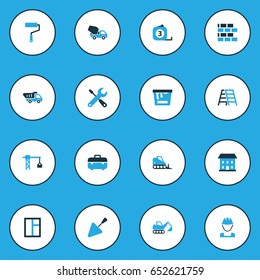 Building Colorful Icons Set. Collection Of Paint Roller, Tip Truck, Putty Knife And Other Elements. Also Includes Symbols Such As Knife, Casement, Toolbox.