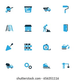 Building Colorful Icons Set. Collection Of Dozer, Measure Tool, Digger And Other Elements. Also Includes Symbols Such As Equipment, Knife, Roller.