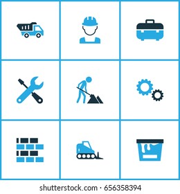 Building Colorful Icons Set. Collection Of Worker, Tip Truck, Maintenance And Other Elements. Also Includes Symbols Such As Bulldozer, Draw, Paint.