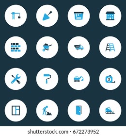 Building Colorful Icons Set. Collection Of Paint Roller, Maintenance, Glass And Other Elements. Also Includes Symbols Such As Tape, Pass, Wrench.