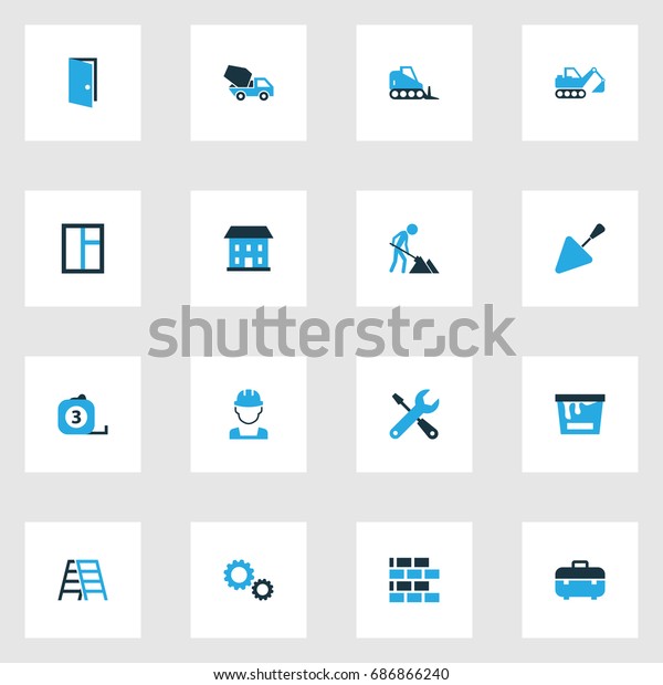 Building Colorful Icons Set. Collection Of\
Maintenance, Digger, Glass And Other Elements. Also Includes\
Symbols Such As Shovel, Stairs,\
Cogwheel.