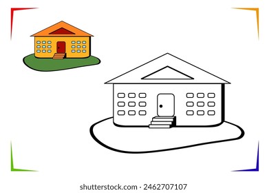 Building Coloring Page. Vector Educational worksheet colored by sample. Paint game. Elements for coloring book, page, printing, design illustrations in the style of outline for kids.