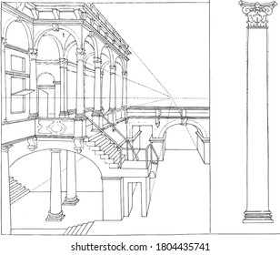 Building with columns and a column of the Composite order, Building with composite columns and a column of the Composite building order, vintage engraving.