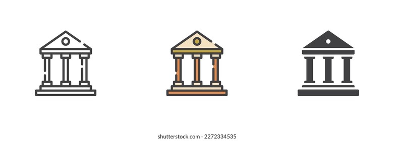 Gebäude mit Säulen verschiedenen Stil Symbol Set. Linie, Glyph und gefüllte Umrissversion, Umriss und ausgefülltes Vektorzeichen. Banksymbol, Logo-Abbildung. Vektorgrafik
