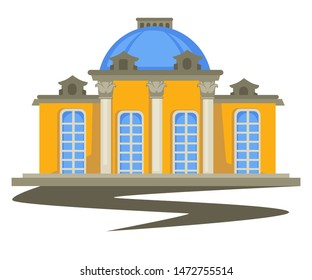 Building with columns and dome architecture landmark and traveling vector isolated object pillars and french windows antique construction sightseeing ancient history and old culture vintage design