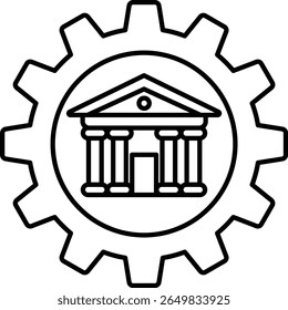 A building with columns and a dome is drawn in black and white. The building is surrounded by a circle with a gear in the center. Concept of strength and stability