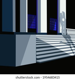 A  building with columns and the shadow  of young people kissing. Vector illustration.