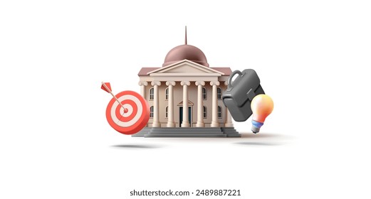 Building with columns, target, light bulb, briefcase, 3D. For concepts of business, idea, finance, public places. Vector illustration.