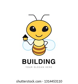 Building company logo template. Yellow Bee with little house in his hand. Flat icon on white background
