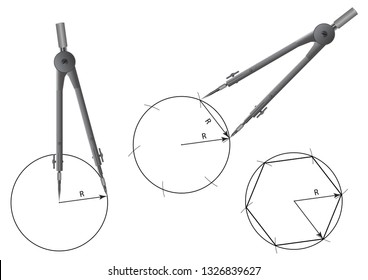 Building with compasses on the lessons of mathematics and geometry: the bisectors of the angle, hexagon, the angle equal to this and others.