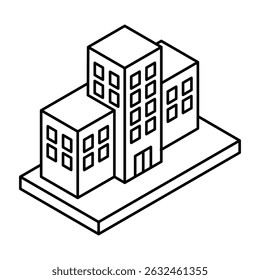 Construindo um complexo em uma plataforma com várias estruturas. Ícone de vetor isométrico. Traçado editável.