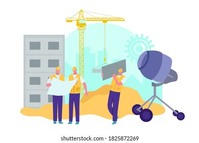 Building concept. Builders in the process of building a residential building. Vector flat cartoon Illustration