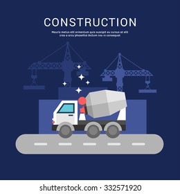Building Concept. Cement Mixers. Vector Illustration in Flat Design Style for Web Banners or Promotional Materials