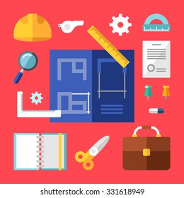 Building Concept Flat Style Vector Illustration. Blueprint, 