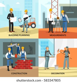 Building concept icons set with planning symbols flat isolated vector illustration 