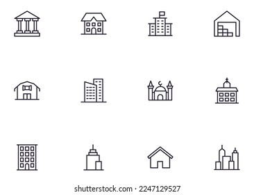 Building concept. Building line icon set. Collection of vector signs in trendy flat style for web site, internet shops and stores, books and flyers. Premium quality icons isolated on white background 