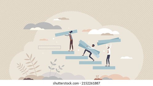 Building confidence with motivation or career development tiny person concept. Business growth as ladder or staircase climbing with help of partners and teamwork vector illustration. Job improvement.