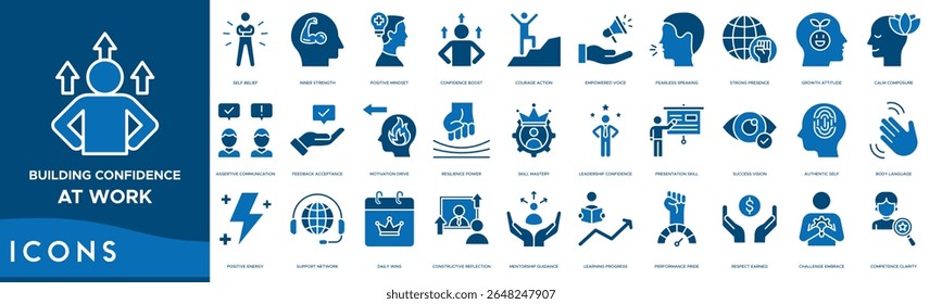 Conjunto de ícones Criar Confiança no Trabalho. Autocrença, Força interior, Mentalidade positiva, Impulso de confiança, Ação de coragem, Voz empoderada, Falar destemido e presença forte