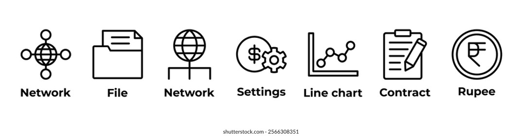 Building Connections Icons set vector illustration with network, file, network, settings, line chart, contract, rupee