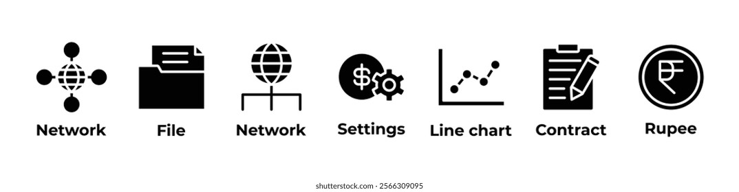 Building Connections Icons set vector illustration with network, file, network, settings, line chart, contract, rupee