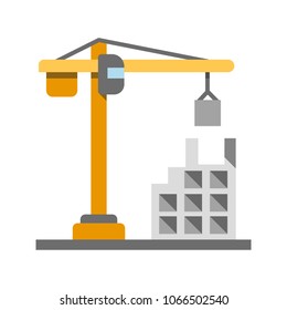 Building, constructing flat design long shadow color icon. Property business. Tower crane. Vector silhouette illustration