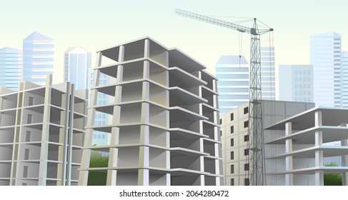 Building construction. Against background of city. Reinforced concrete slabs and floors. Residential house or office. Unfinished object. Realistic style. Lifting crane. Bottom view. Vector.