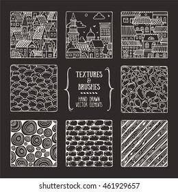 Building construction, cityscape, paving stone, tiles, wood textures. Artistic collection of hand drawn design elements, backgrounds, patterns. Poster, banner, flyer, invitation decor. Made with ink.