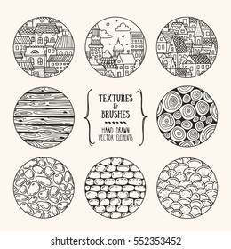 Building construction, cityscape, paving stone, tiles, wood textures. Artistic collection of hand drawn design elements, backgrounds, patterns. Poster, banner, flyer, invitation decor. Made with ink.