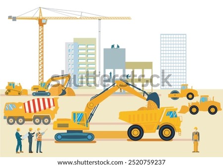 Building construction and civil engineering with construction workers, illustration