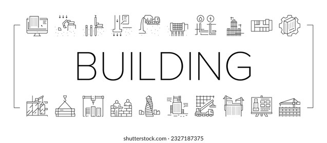 Building Construction Collection Icons Set Vector. Excavation And Footing Reinforcement, Columns Casting And Windows Installation, Building Process Black Contour Illustrations