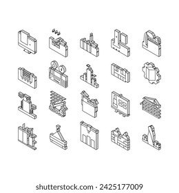 Conjunto de iconos isométricos de la colección de construcción. Excavación Y Refuerzo De Pie, Fundición De Columnas E Instalación De Ventanas, Concepto De Proceso De Construcción, Pictogramas Lineales. Contorno .