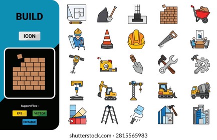 Building Construction color line Icons Set.Blueprint, Masonry, Foundation, Safety, Tools, Machinery, Building, Construction, Engineering, Architecture. Editable Stroke Vector Icons