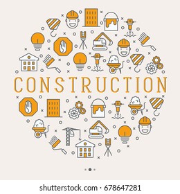 Building construction concept in circle with thin line icons. Vector illustration for banner, web page.