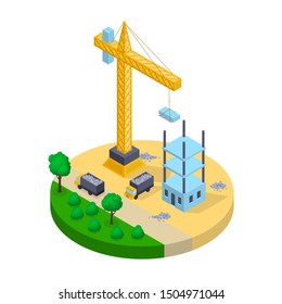 Building Construction Concept with Crane 3d Isometric View Urban Architecture Elements Landscape Background Scene. Vector illustration