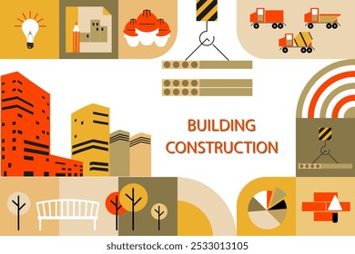 Diseño de concepto de construcción de edificios.  Abstractas Ilustración vectorial moderna geométrica de moda. Azulejos con iconos de construcción.
