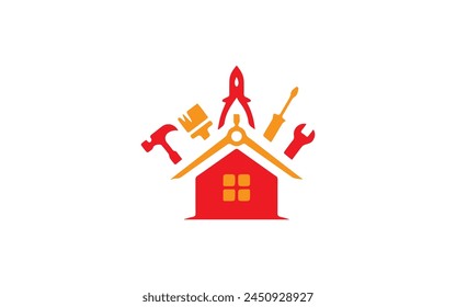 Building and construction concept with house, brick wall and related tools