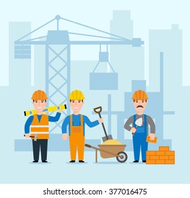building construction concept illustration. construction site crane builders and workers in uniform