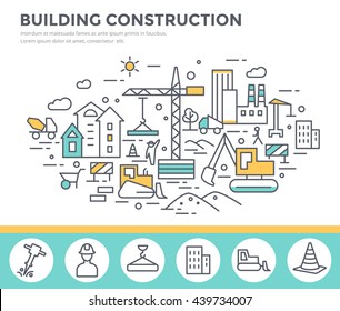 Building construction concept illustration  with workers and machines , thin line flat design vector template