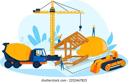 Baukonzept, Vektorgrafik. Arbeitsdesign der Flachindustrie, Arbeitsingenieurbauer, die industrielle Ausrüstungstechnologie verwenden