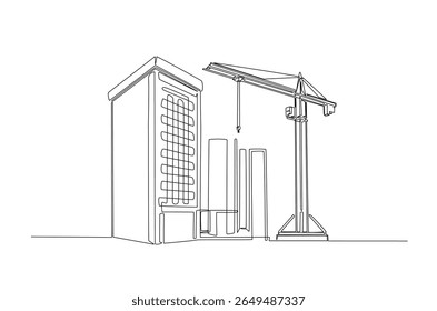 Building with construction crane in continuous one line drawing. Single line art illustration of building construction with crane.