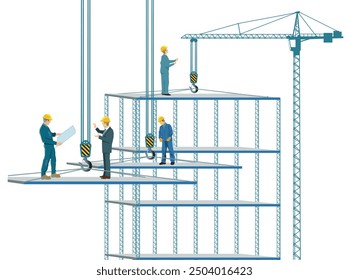 Building construction with crane and building contractor, illustration