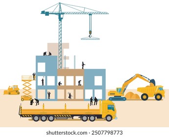 Building construction with crane and building contractor, illustration