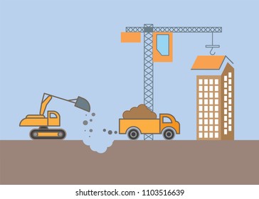 Building. Construction crane and excavator. Flat vector illustration city building.