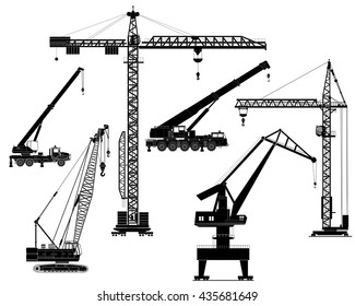 Building construction cranes set. Isolated on white, vector detailed illustration. Icon. Flat style. Silhouettes