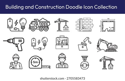 Edificio y construcción Doodle Icon Colección – Herramientas, Arquitectura, Ingeniería, Reparación, Símbolos dibujados a mano