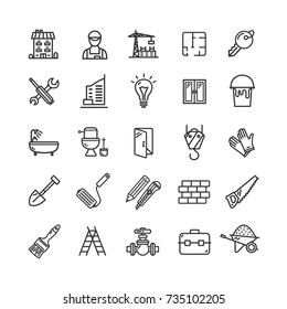 Building Construction Elements and Tools Black Thin Line Icon Set for Web and App Include of Roller Brush, Trowel, Shovel and Window. Vector illustration