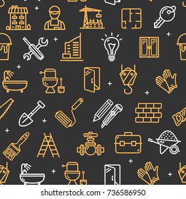Building Construction Elements and Tools Pattern Background on a Black for Web Design Renovation Project. Vector illustration of Engineering Equipment