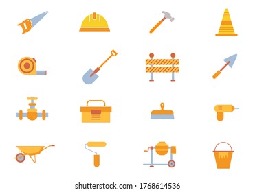 Building construction equipment vector, set of tools, safety helmet, saw, hammer, cement maker. Icons and symbol of architecture and buildings flat illustration design.